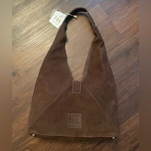 NEW Haute Hippie Brown Triangle Hobo Bag 100% Genuine Suede Leather 15x9” NWT